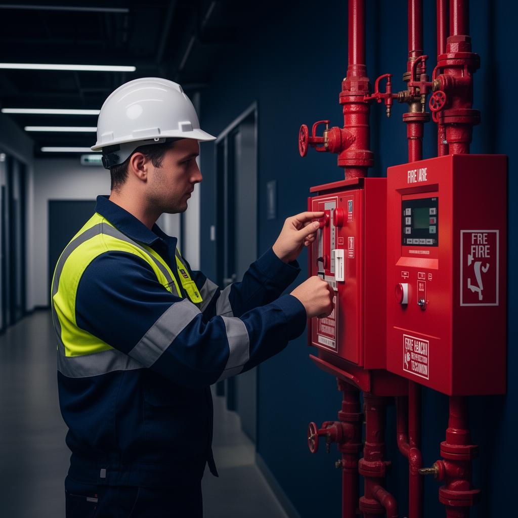 True North certified fire protection technician inspecting a fire alarm control panel
